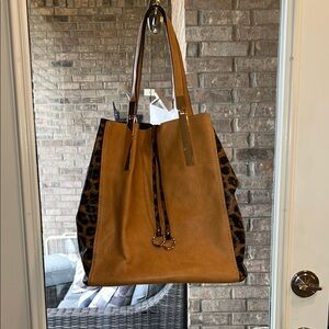 Boutique Tan and Leopard Print faux leather Tote with velvet lined interior